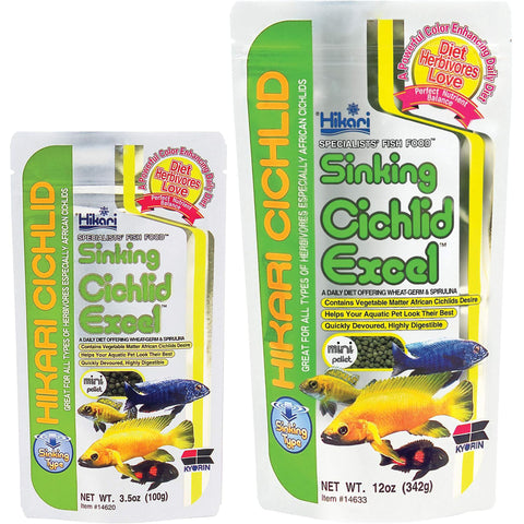 Image of Hikari Sinking Cichlid Excel Mini pellets in 100g and 342g packs