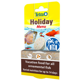 Packaging of Tetra Holiday Food Menu featuring images of fish and the product name, indicating it is vacation food for all ornamental fish, lasting up to 14 days.