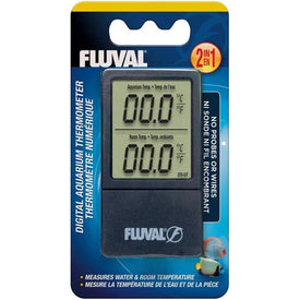 Fluval digital aquarium thermometer in its retail packaging, featuring a black LCD display showing room and water temperatures, with blue and yellow packaging.