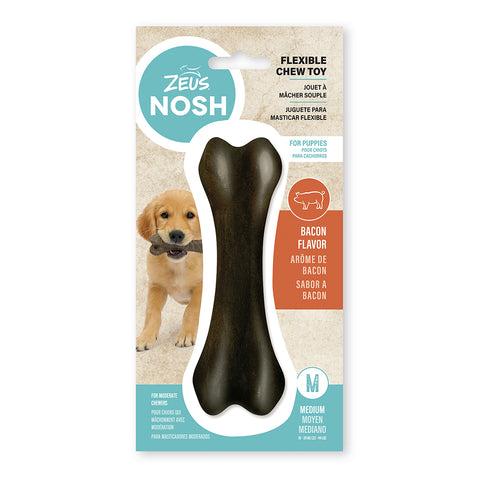 Image of Zeus Nosh Flexible Chew Toy Bone for Puppies Medium Bacon 15cm (6in)