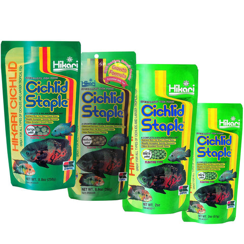 Image of Hikari Cichlid Staple floating pellets in Mini, Medium and Large sizes