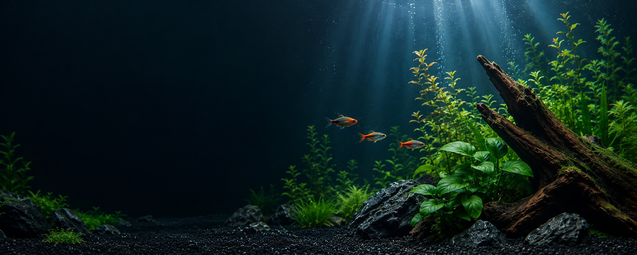 Planted freshwater aquarium with fish, aquatic plants, rocks and driftwood
